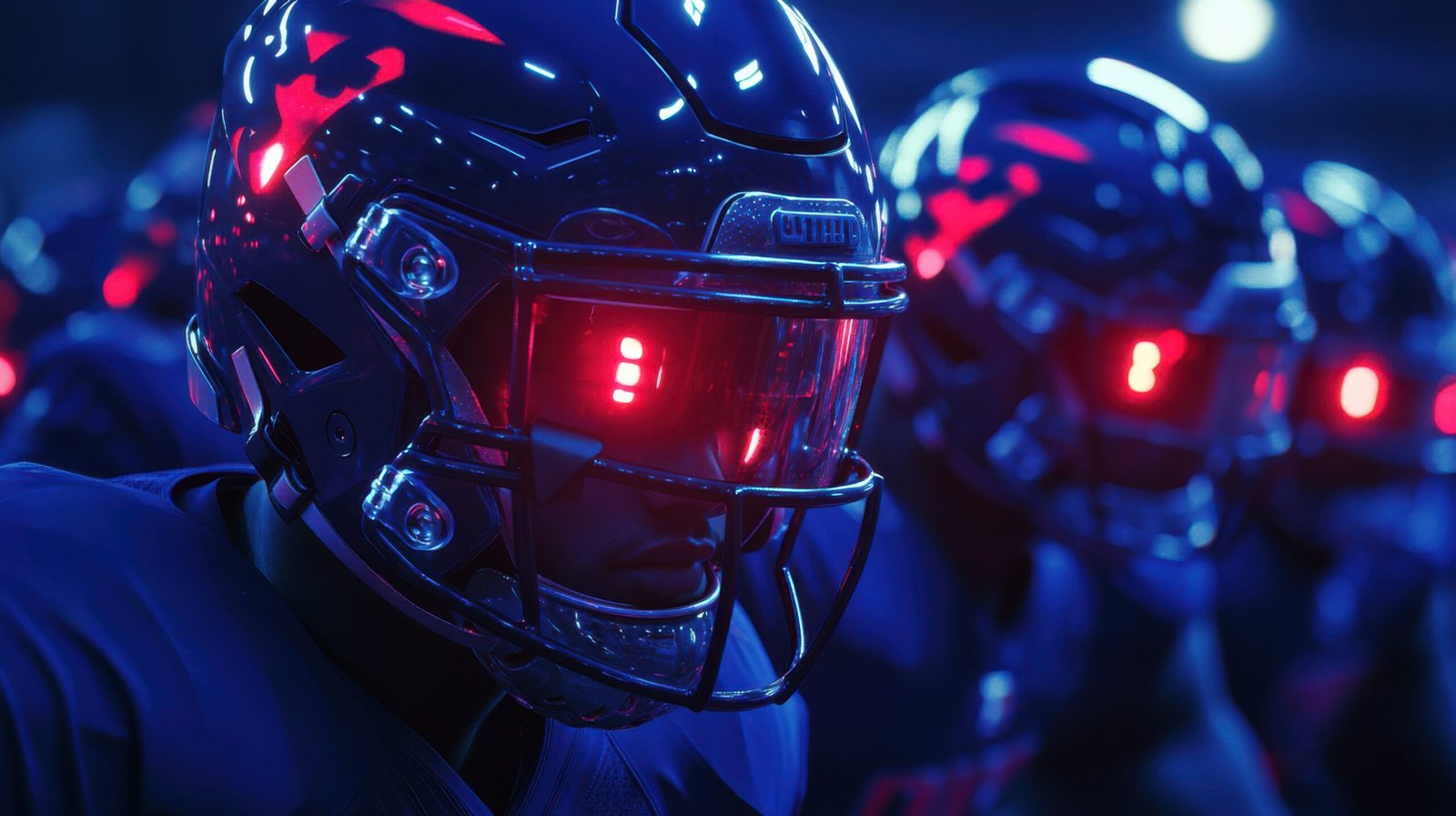 A cinematic shot of the University of Pittsburgh football team in their Under Armour uniforms and helmets with red lights on them, wearing blue jerseys, in a hyper-realistic, high-resolution photograph.